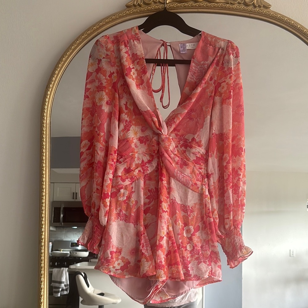 Astr Pink and White Flutter Sleeve Wrap Blouse